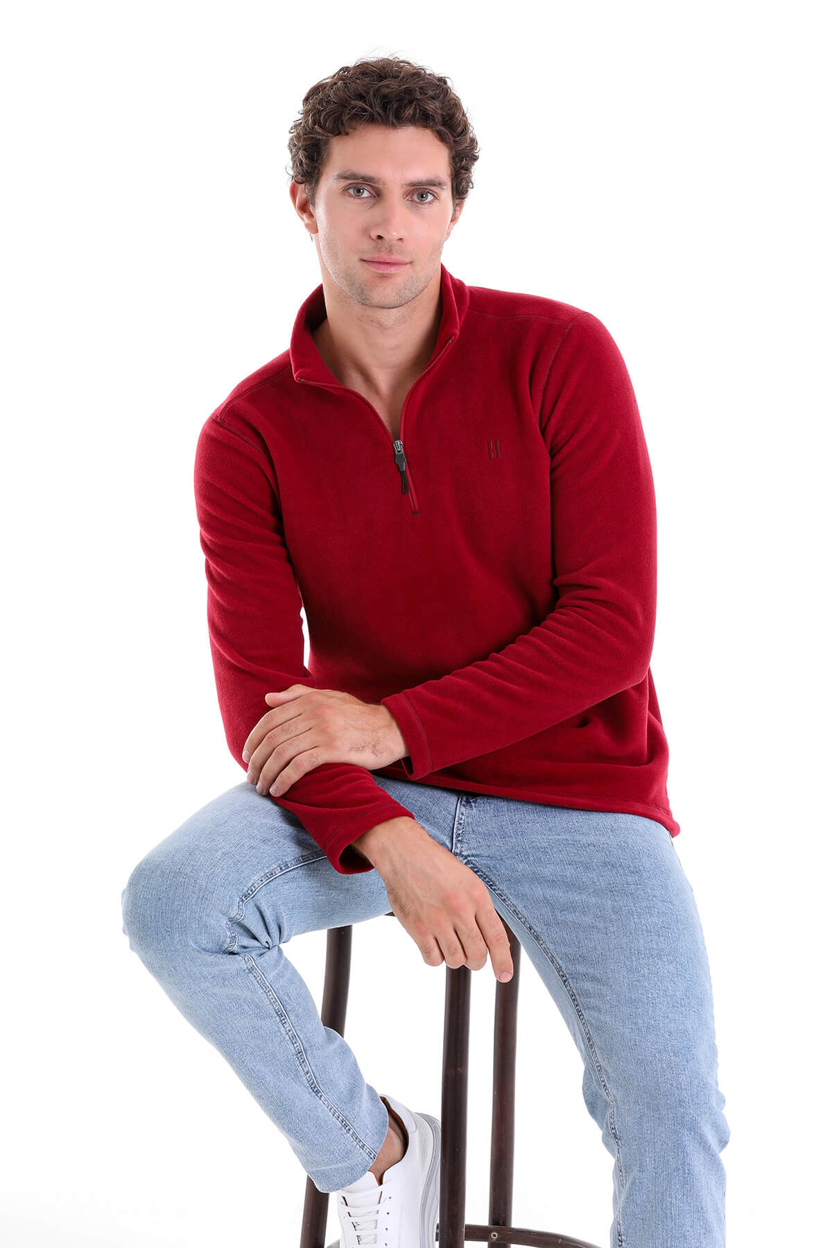 Regular Fit Fleece Burgundy Mock Neck Sweatshirt - SAYKI