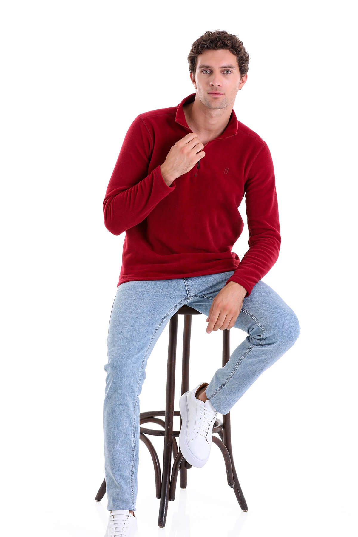 Regular Fit Fleece Burgundy Mock Neck Sweatshirt - SAYKI