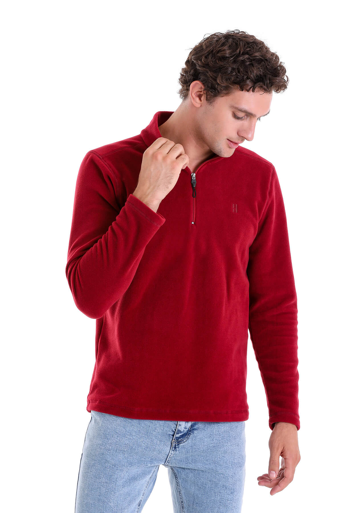 Regular Fit Fleece Burgundy Mock Neck Sweatshirt - SAYKI