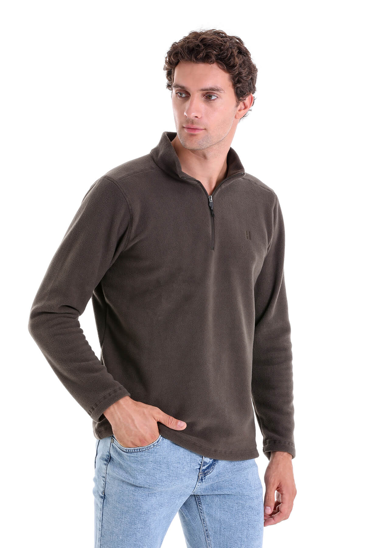 Regular Fit Fleece Khaki Mock Neck Sweatshirt - SAYKI