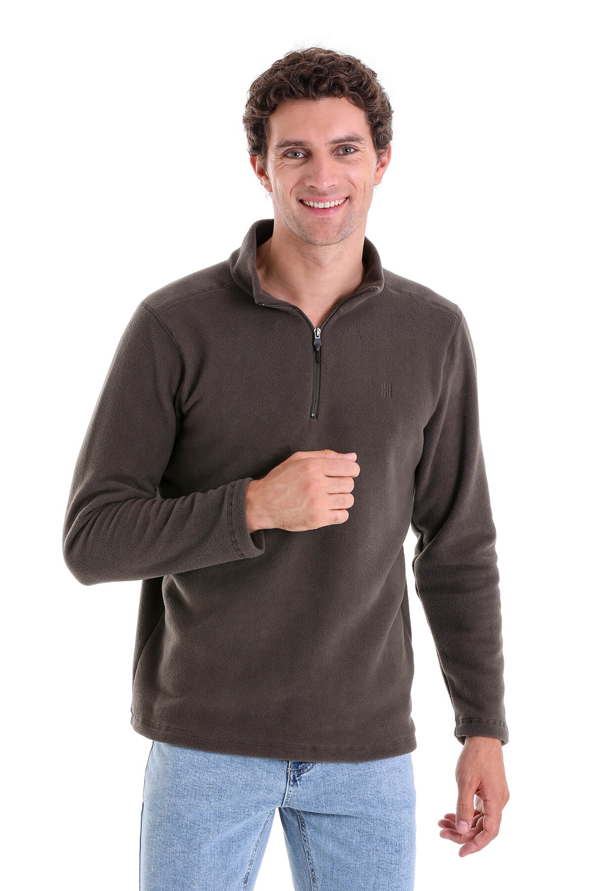 Regular Fit Fleece Khaki Mock Neck Sweatshirt - SAYKI