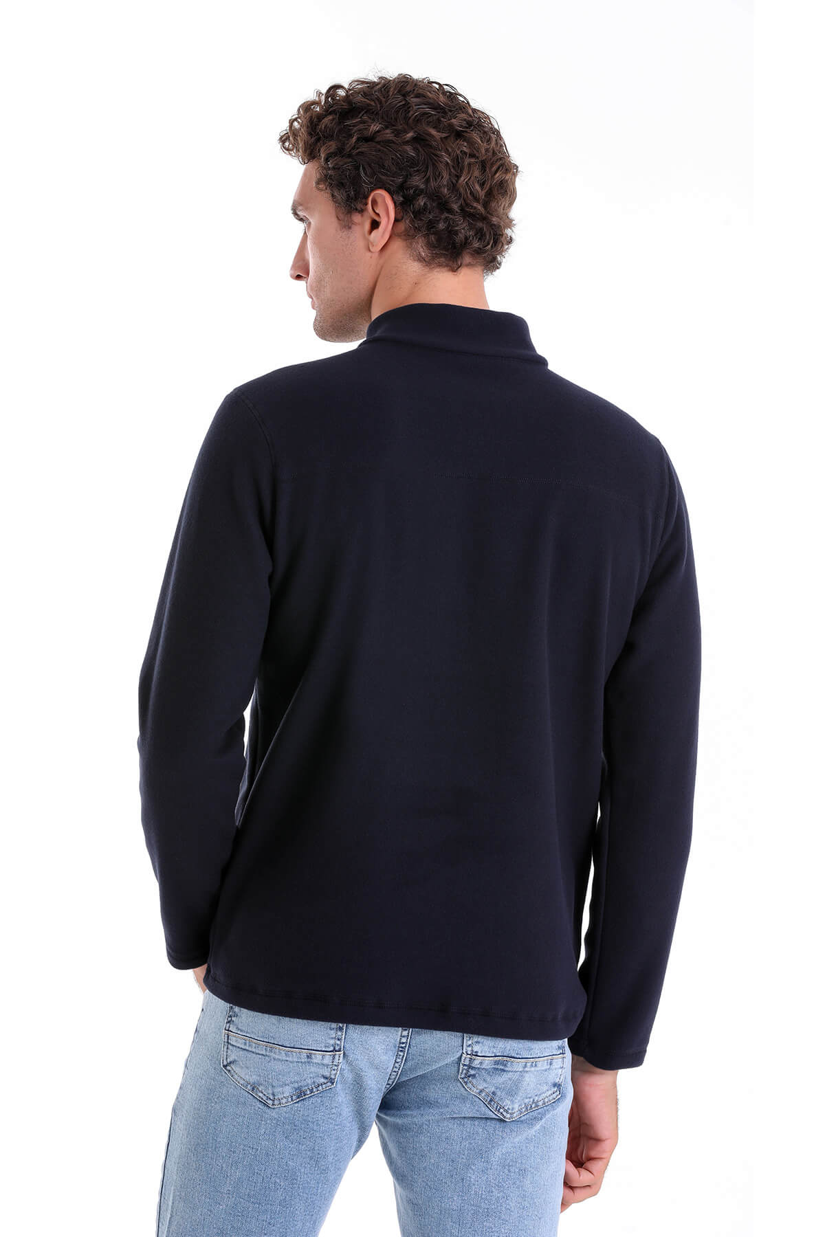 Regular Fit Fleece Navy Mock Neck Sweatshirt - SAYKI