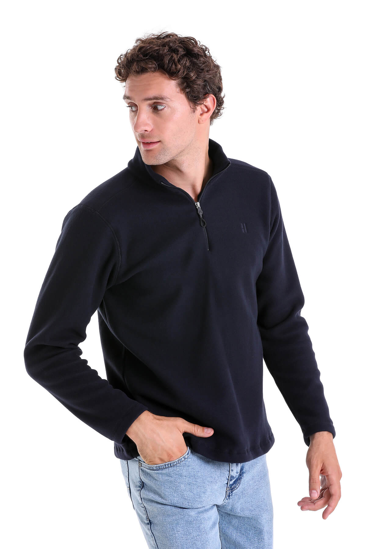 Regular Fit Fleece Navy Mock Neck Sweatshirt - SAYKI