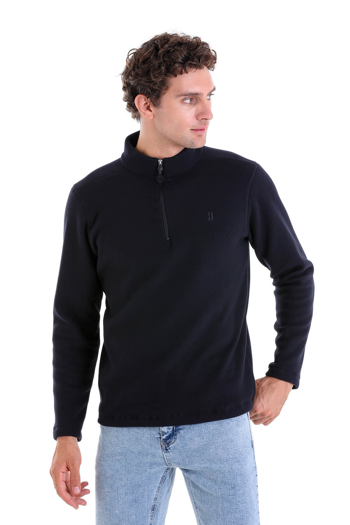 Black fleece half-zip sweater with a subtle logo on the chest.