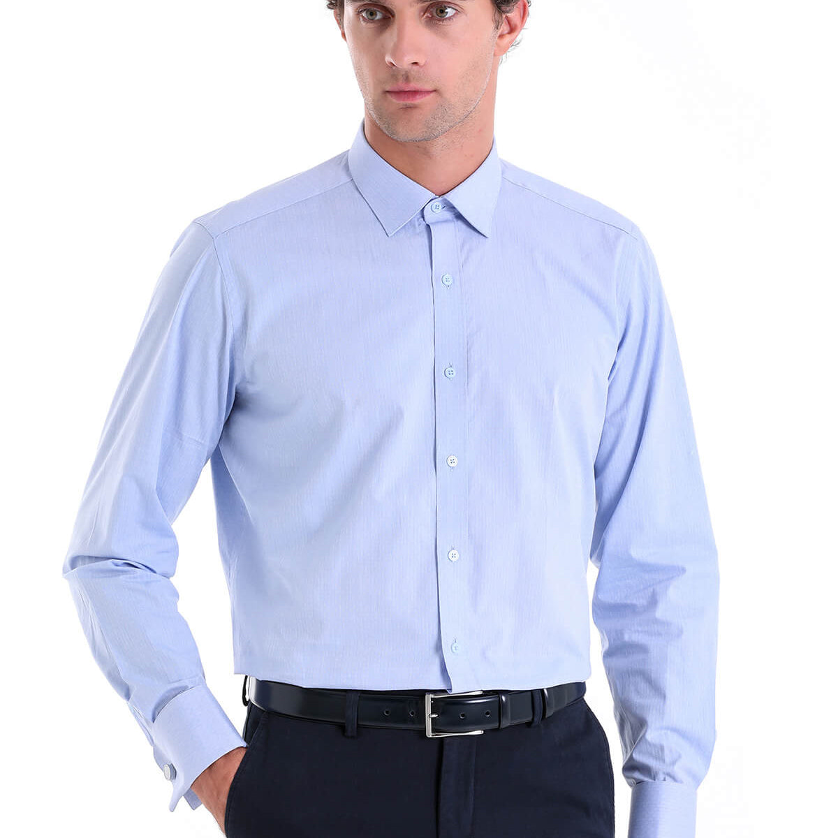 Men's Regular Fit Light Blue French Cuff Dress Shirt - SAYKI