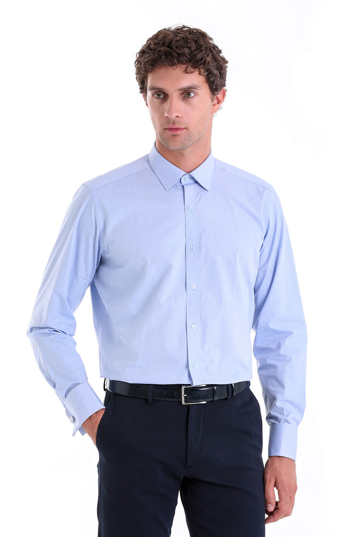 Light blue, long-sleeved men’s dress shirt with a classic collar and button-down front.