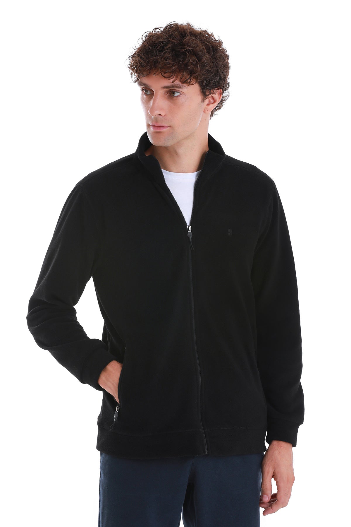 Black zip-up fleece jacket with a subtle embroidered logo on the left chest.