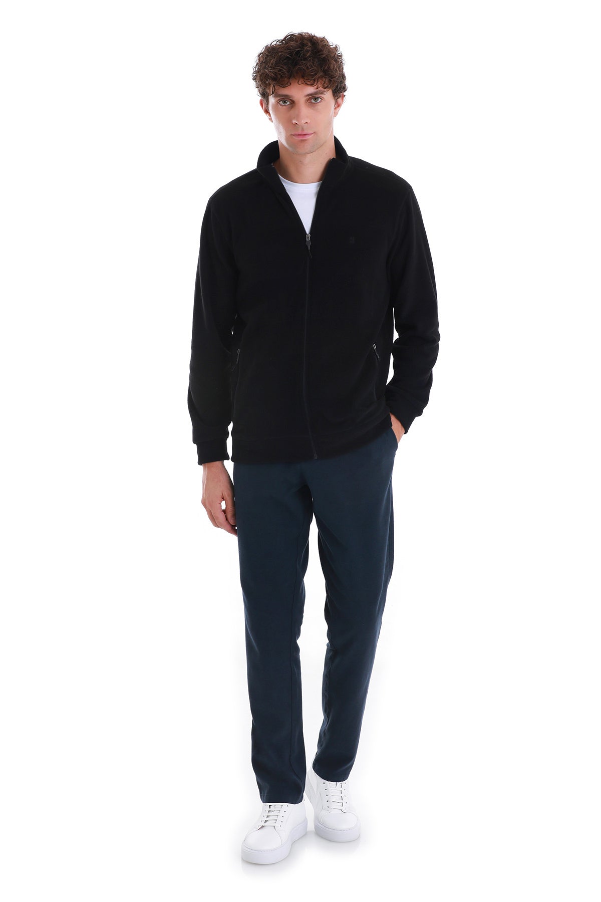 Black zip-up fleece jacket with a high collar and front pockets.