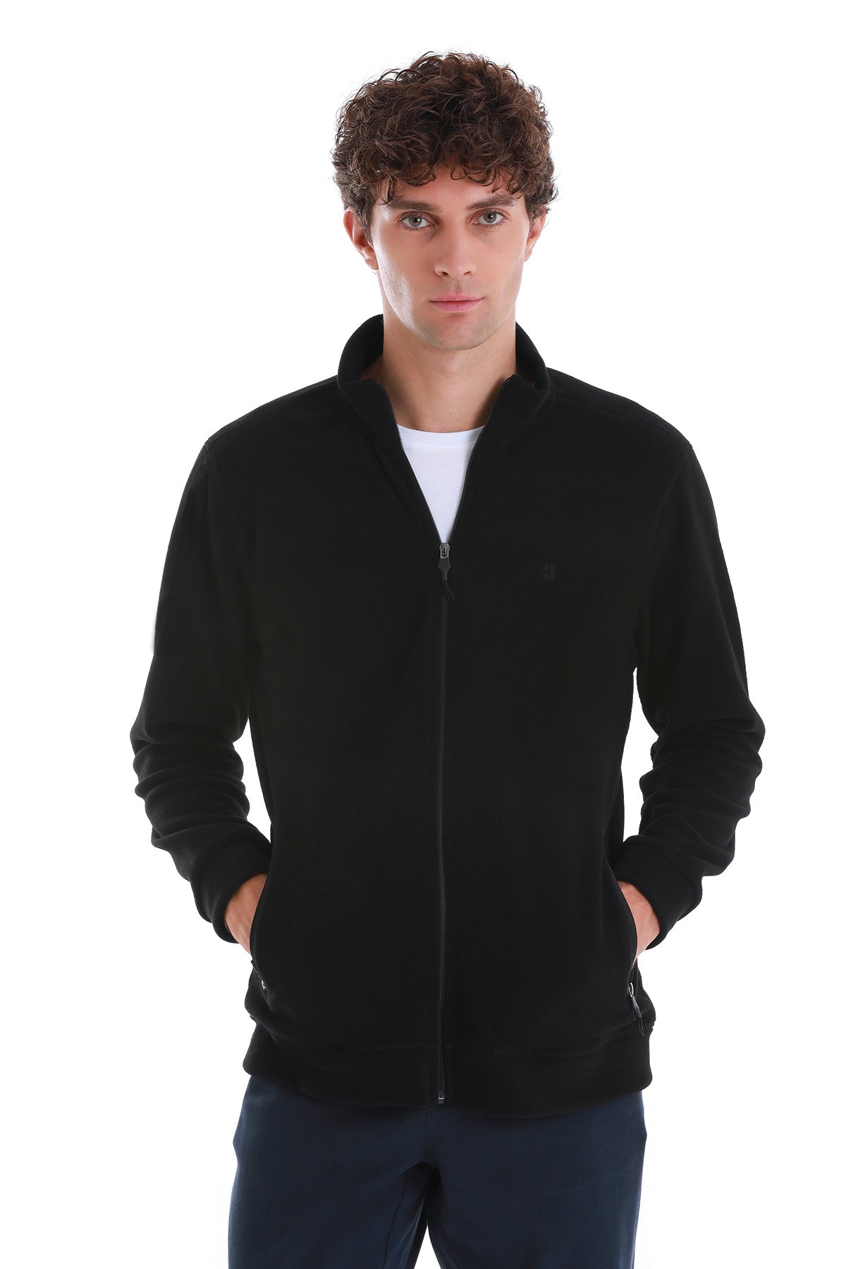 Black zip-up fleece jacket with a soft, textured fabric and subtle side pockets.