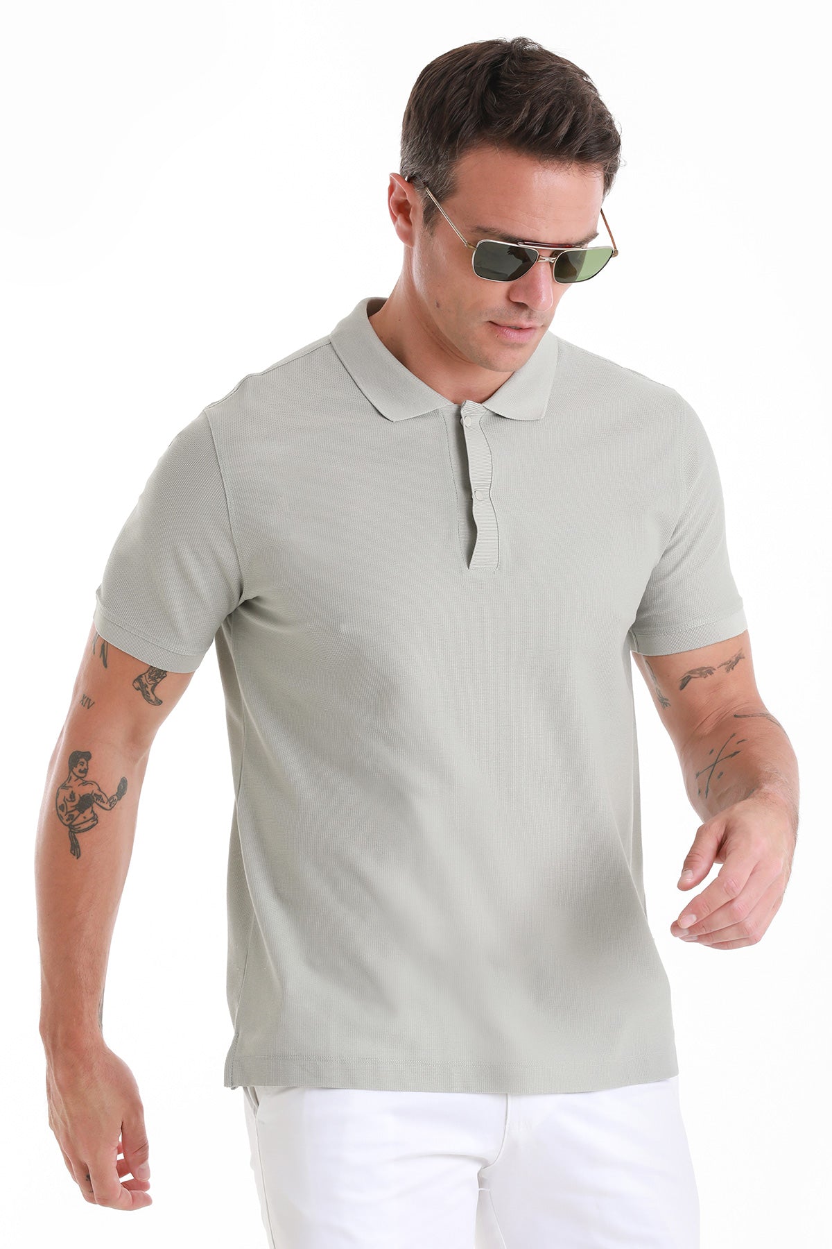 Regular Fit Gray 100% Cotton Mercerized Polo T-Shirt - SAYKI