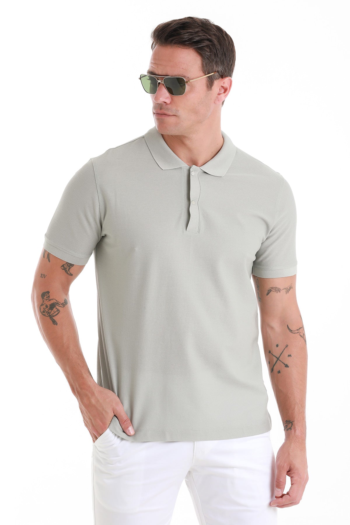 Regular Fit Gray 100% Cotton Mercerized Polo T-Shirt - SAYKI