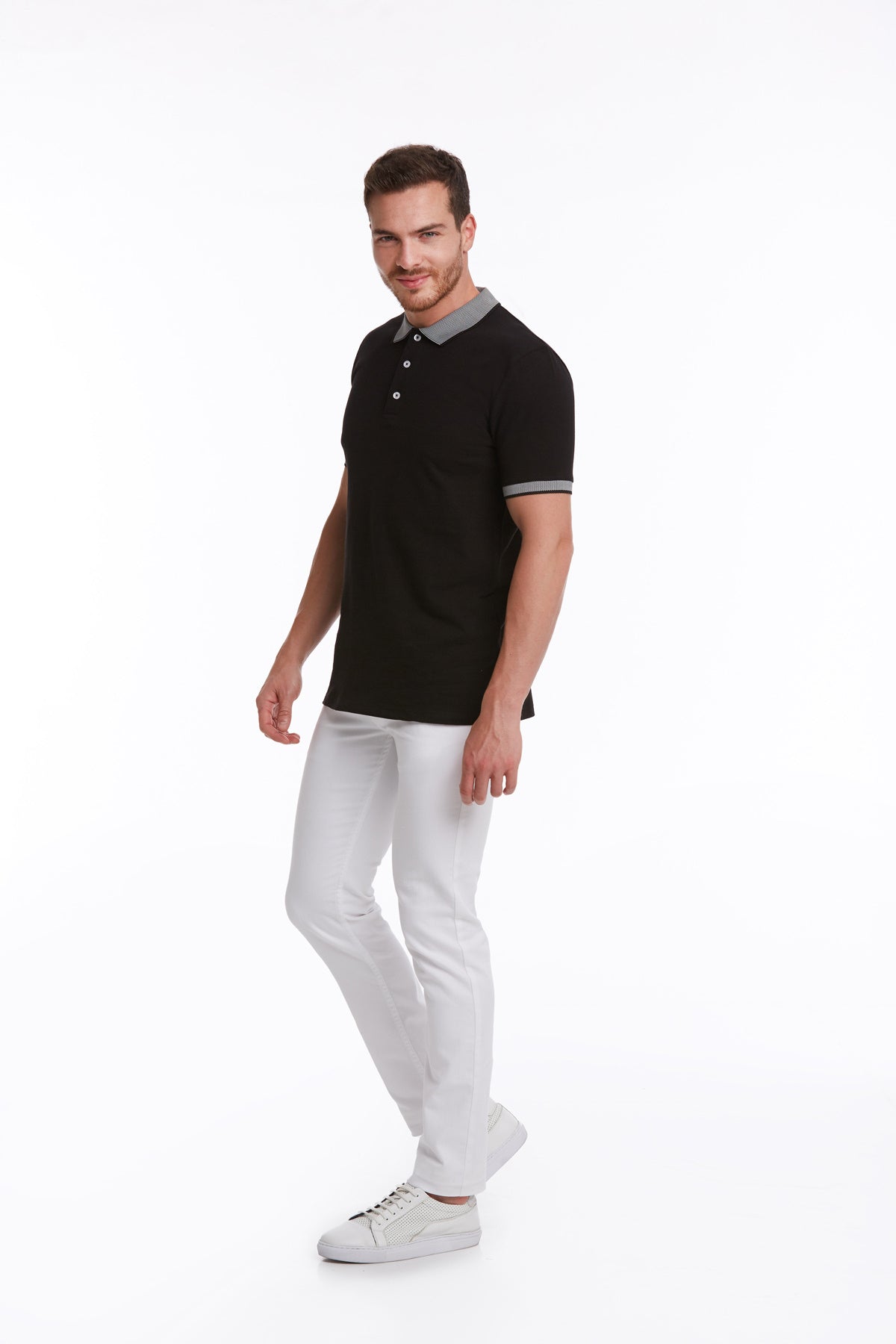 Regular Fit Gray Collar Cotton Black Polo T-Shirt - SAYKI