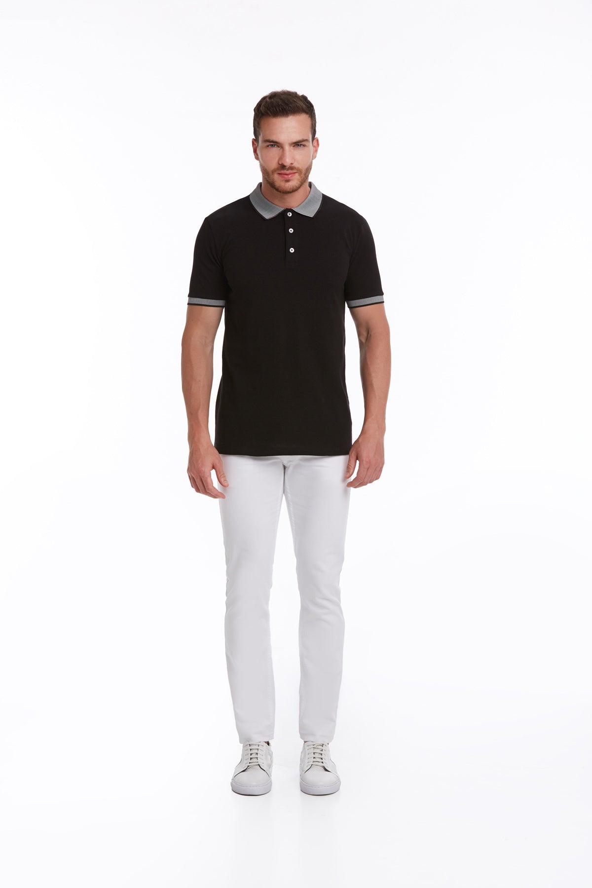 Regular Fit Gray Collar Cotton Black Polo T-Shirt - SAYKI