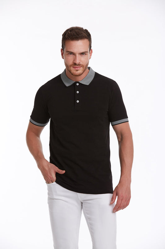 Black short-sleeved polo shirt with gray collar and sleeve trim.