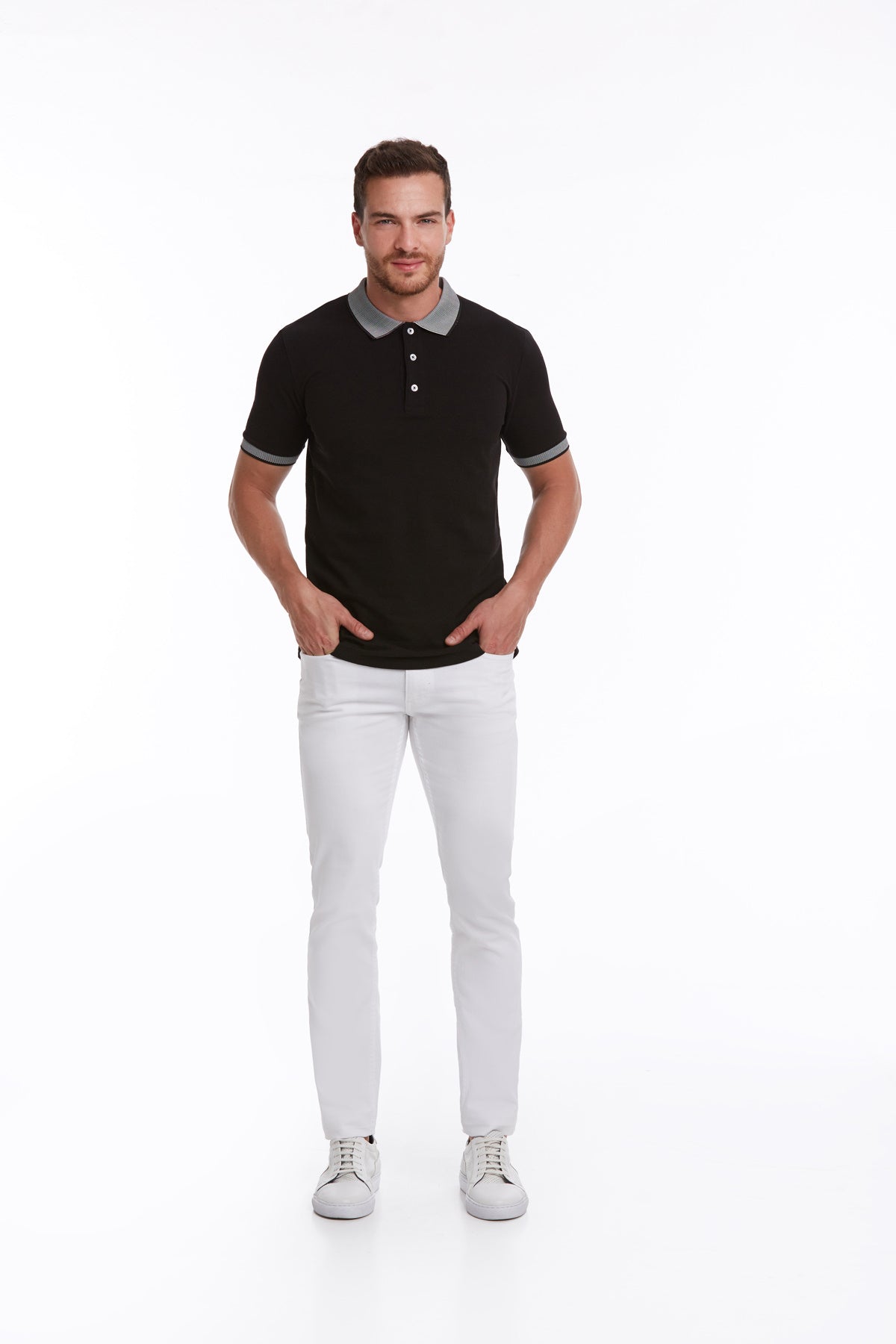 Regular Fit Gray Collar Cotton Black Polo T-Shirt - SAYKI