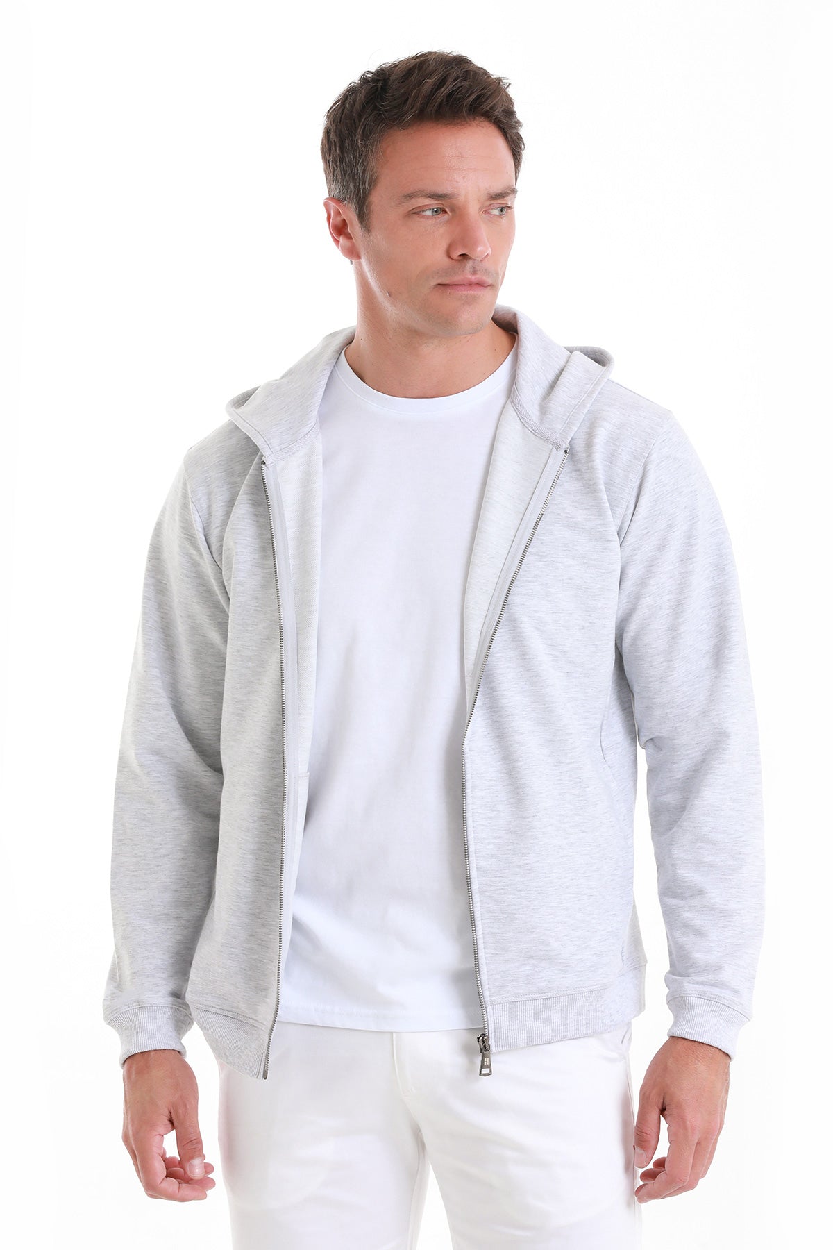 Regular Fit Gray Cotton Blend Zip Up Hooded Sweatshirt