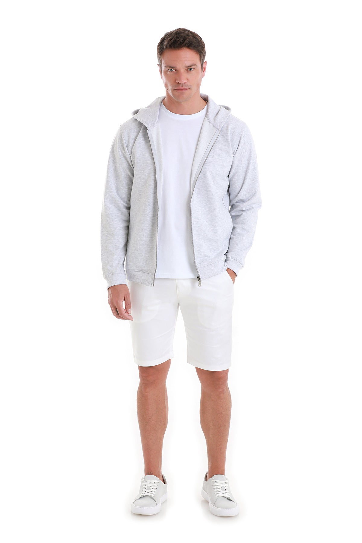 Regular Fit Gray Cotton Blend Zip Up Hooded Sweatshirt