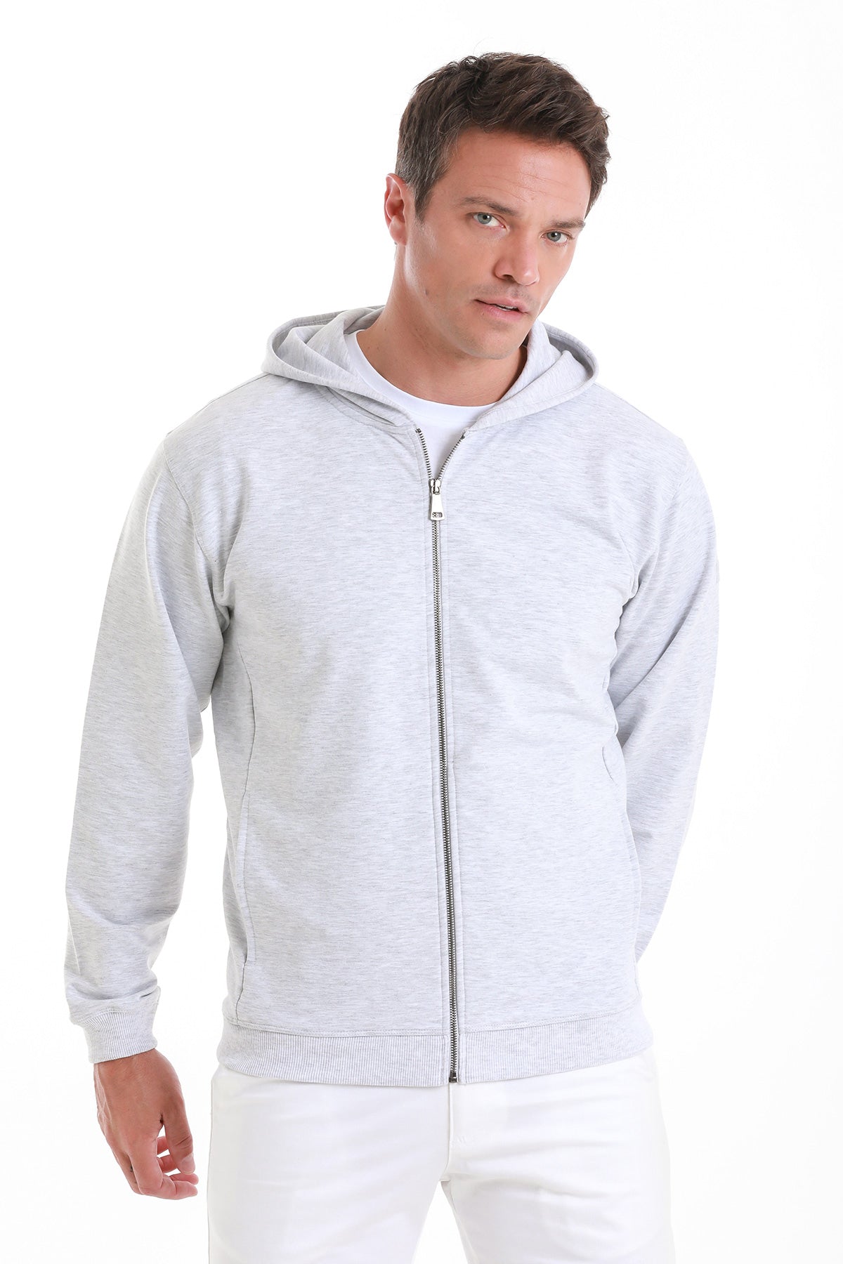 Regular Fit Gray Cotton Blend Zip Up Hooded Sweatshirt