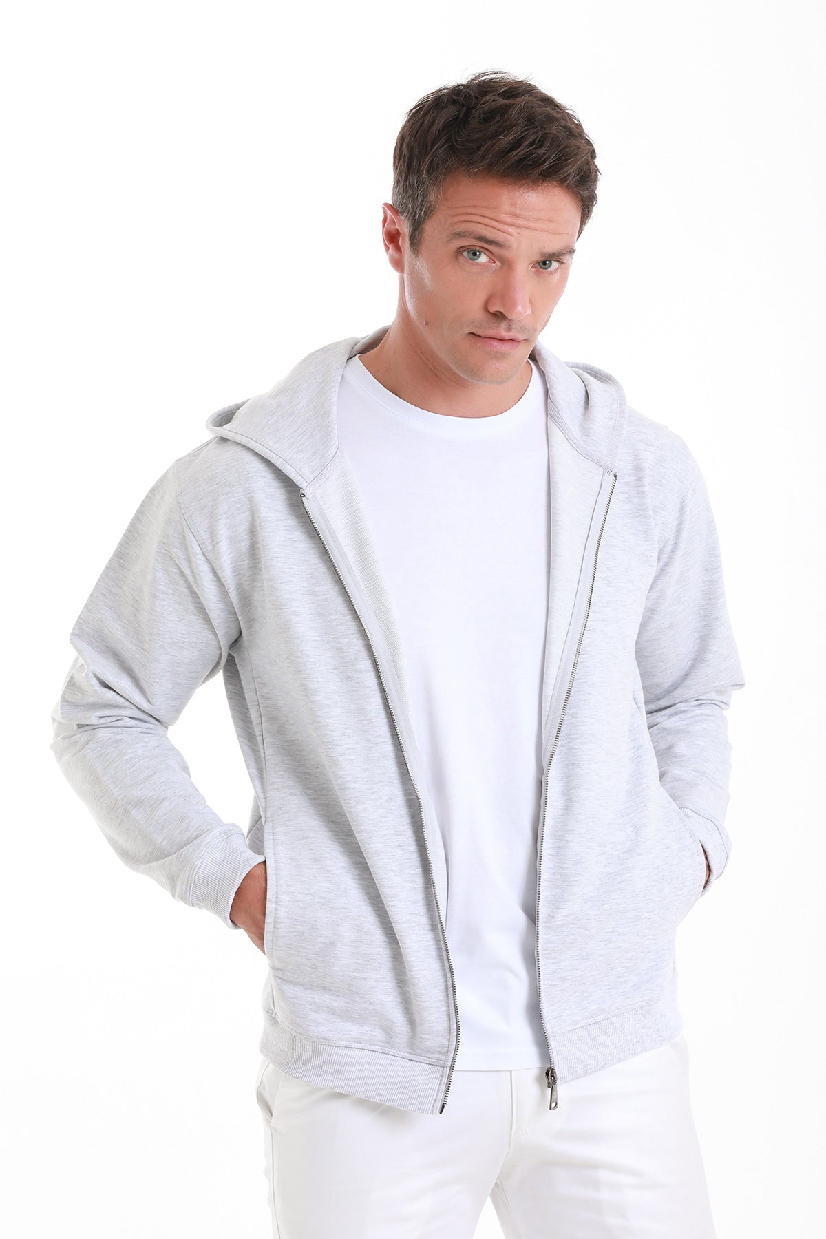 Light gray zip-up hoodie with a soft, textured fabric and matching drawstring hood.