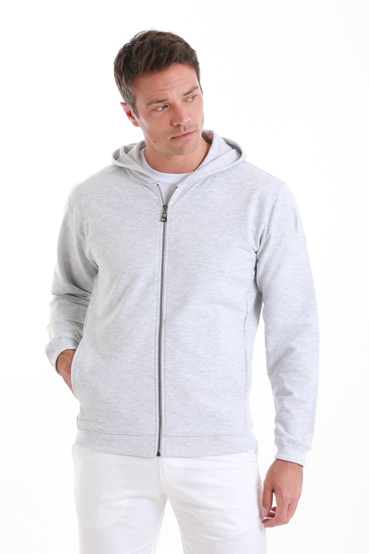 Regular Fit Gray Cotton Blend Zip Up Hooded Sweatshirt
