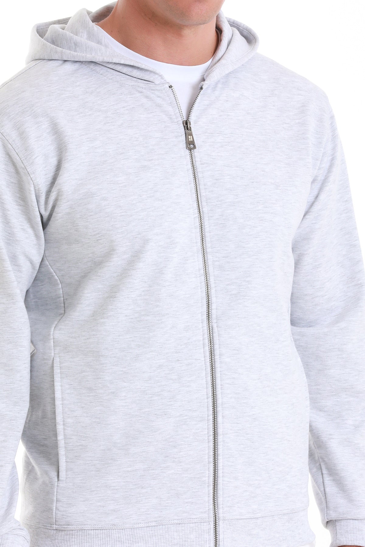 Regular Fit Gray Cotton Blend Zip Up Hooded Sweatshirt