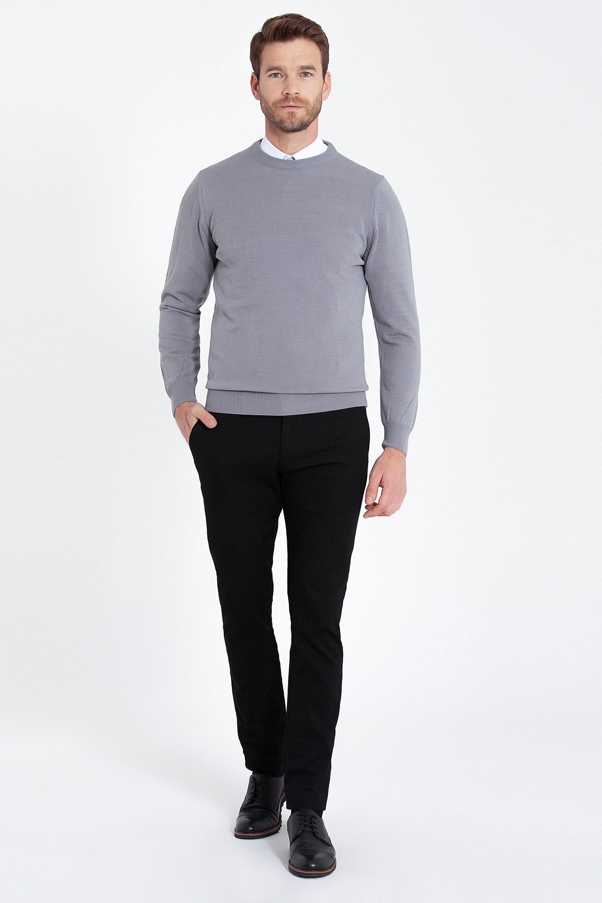 Regular Fit Gray Crewneck Sweater - SAYKI