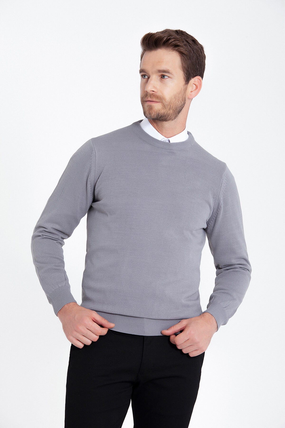Regular Fit Gray Crewneck Sweater - SAYKI