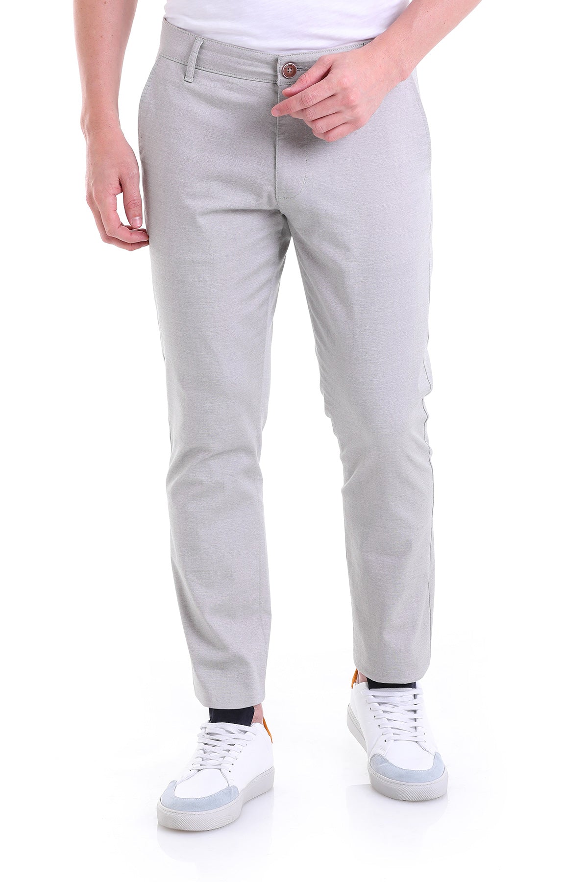 Light gray chino pants with a slim fit and subtle creases.