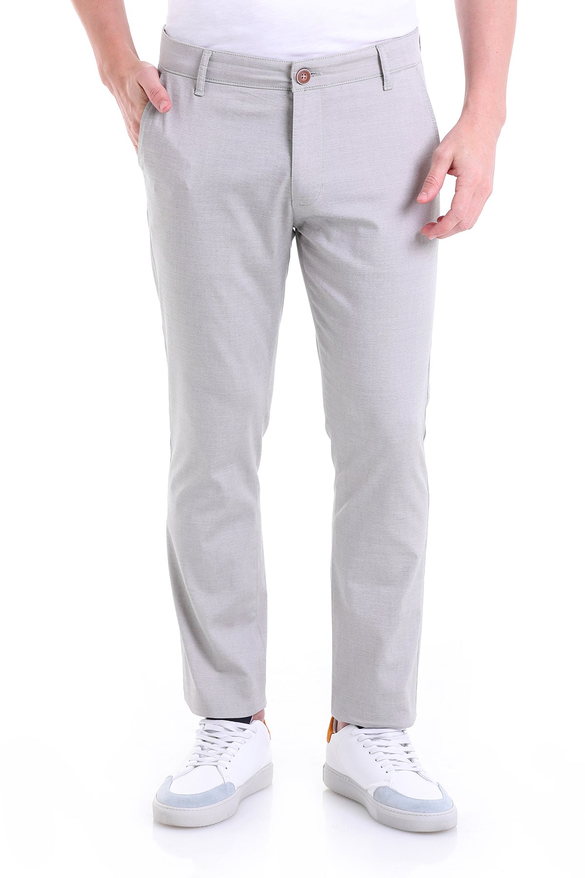 Light gray chino pants with a slim fit and subtle creases, featuring a button closure at the waist.
