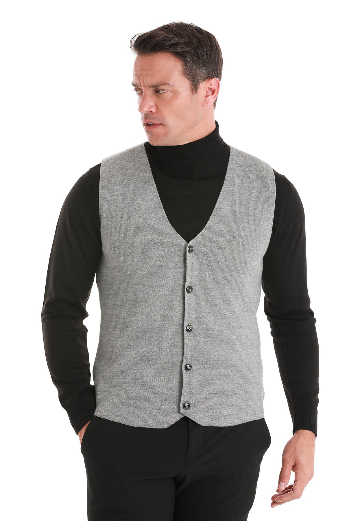 Gray textured knit vest with black buttons.