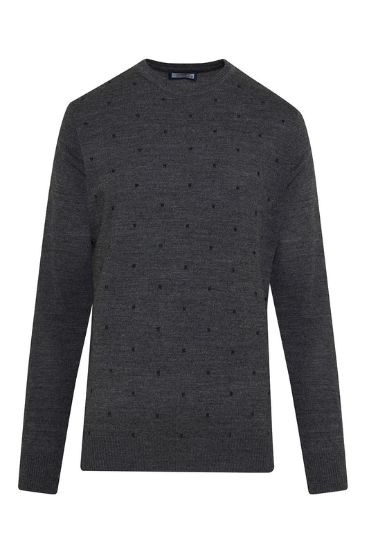 Dark gray crewneck sweater with a subtle pattern of small black dots.