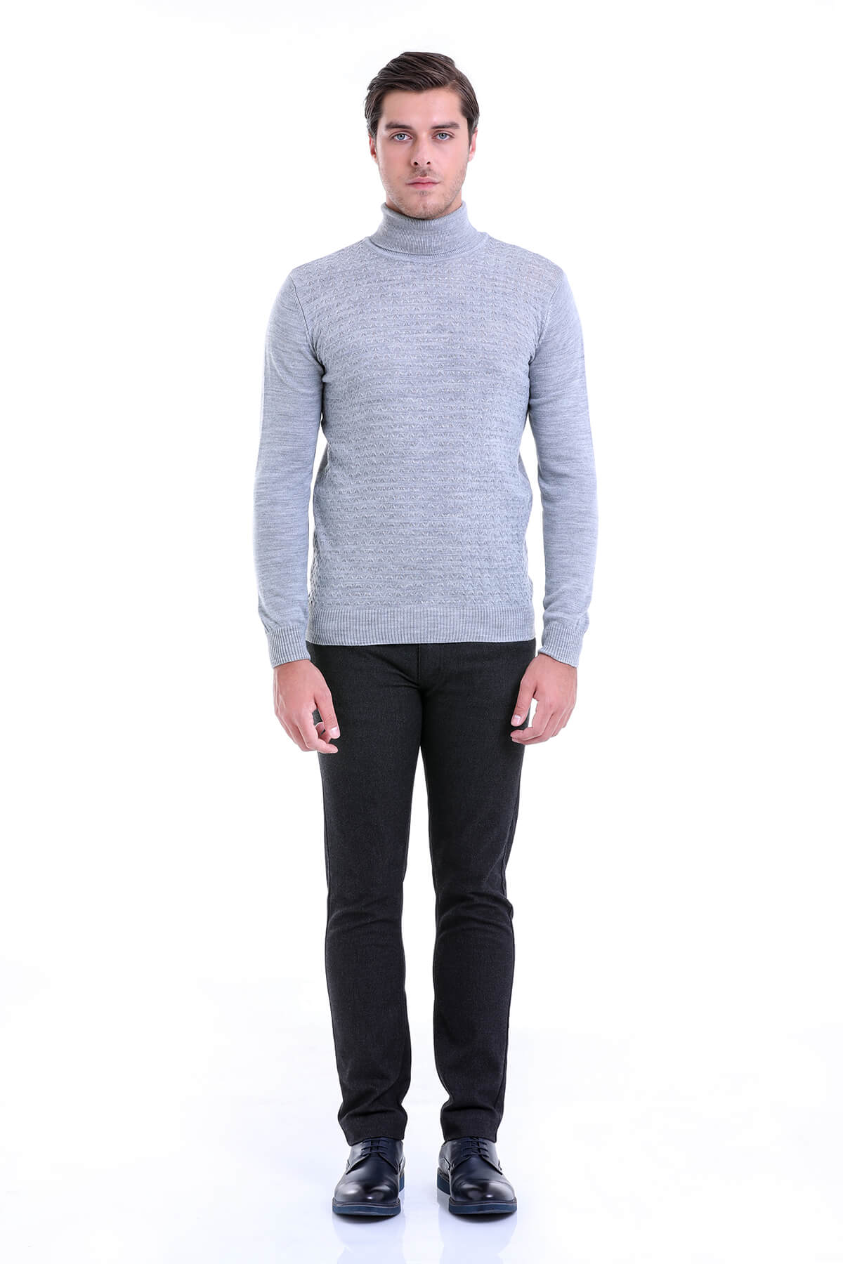 Regular Fit Gray Turtleneck Sweater - SAYKI