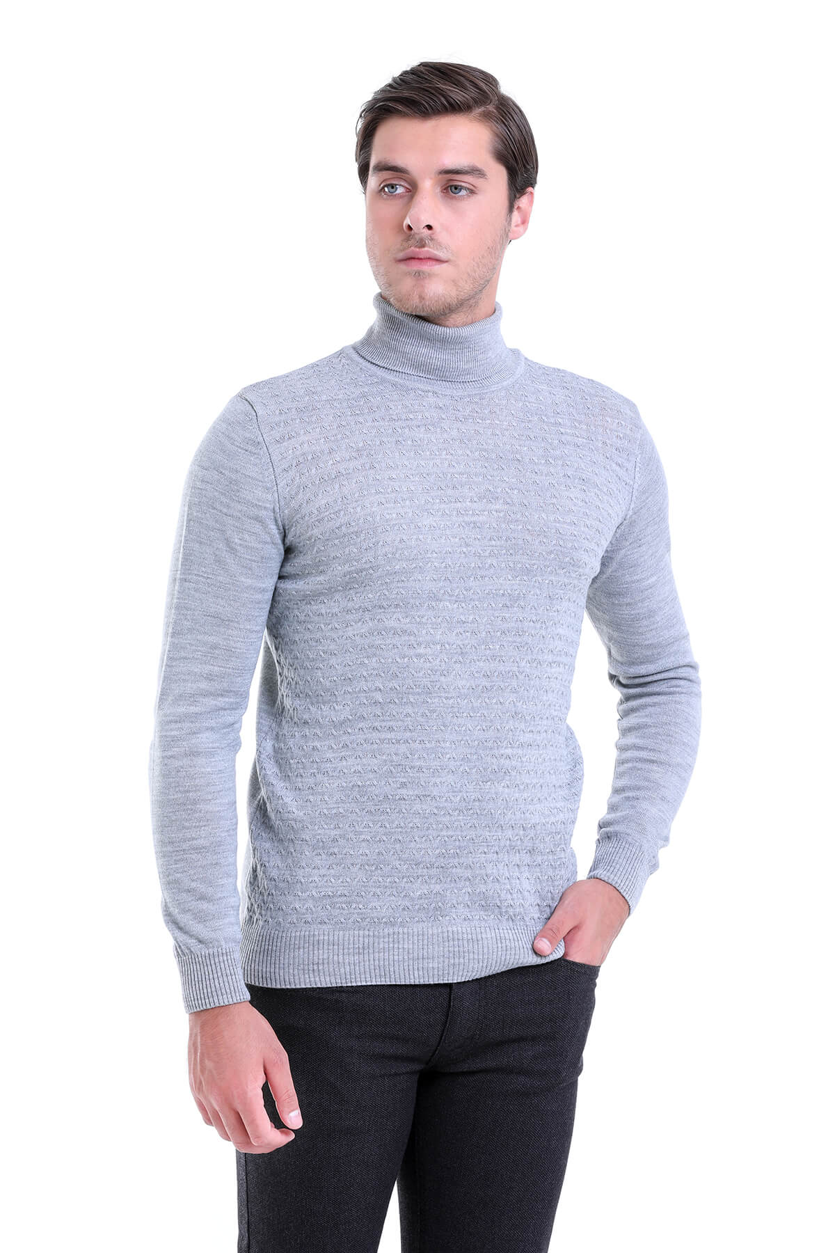 Regular Fit Gray Turtleneck Sweater - SAYKI