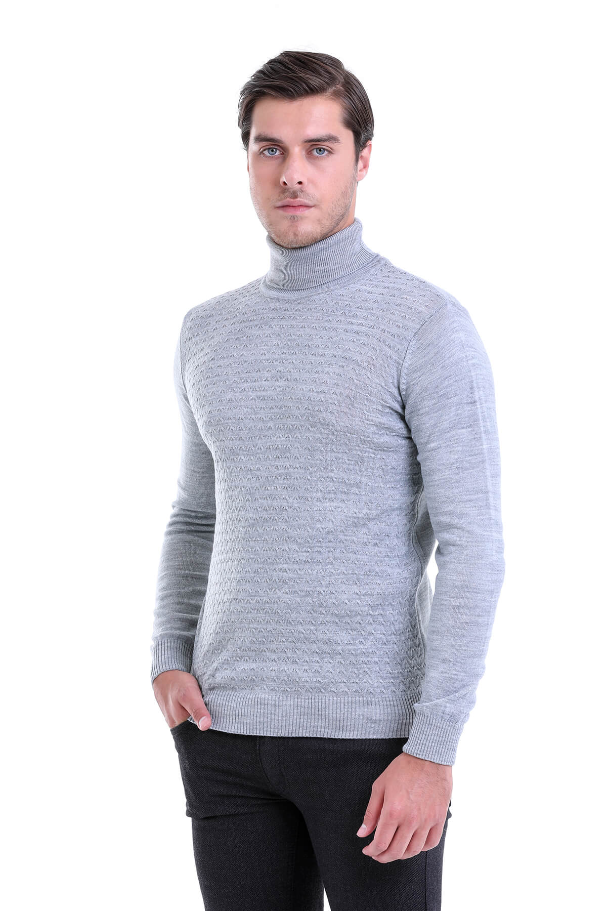 Regular Fit Gray Turtleneck Sweater - SAYKI