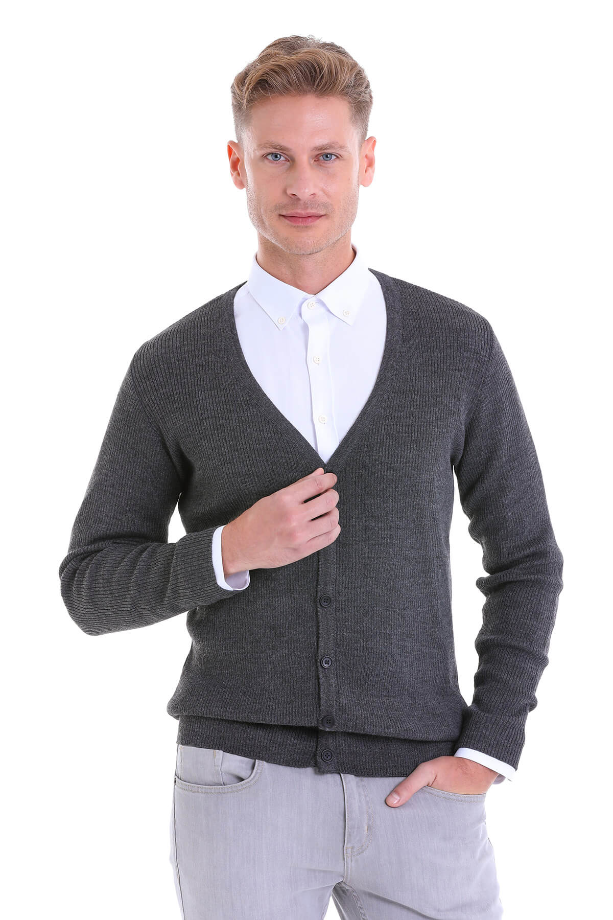 Dark gray textured knit cardigan with button closure.