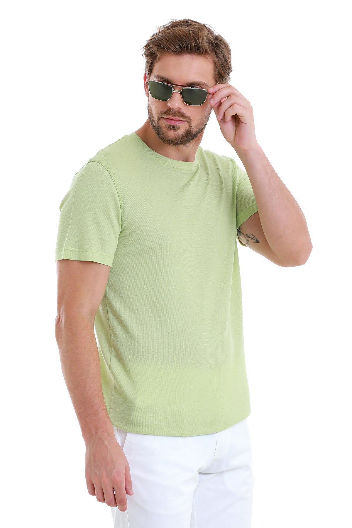 Regular Fit Green Cotton Blend Crew Neck T-Shirt - SAYKI