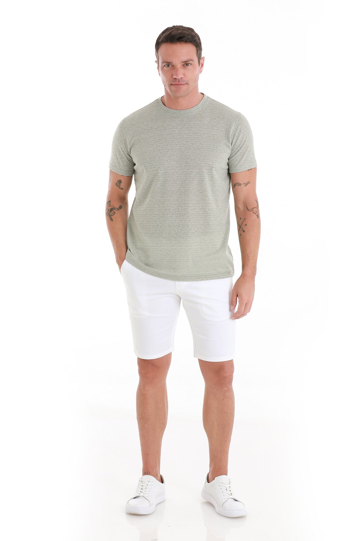 Regular Fit Green Jacquard Cotton-Linen Blend Crewneck