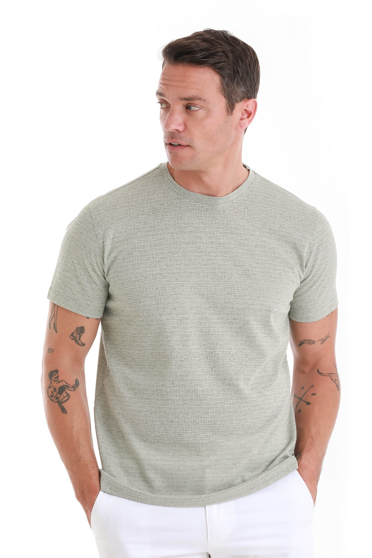 Regular Fit Green Jacquard Cotton-Linen Blend Crewneck
