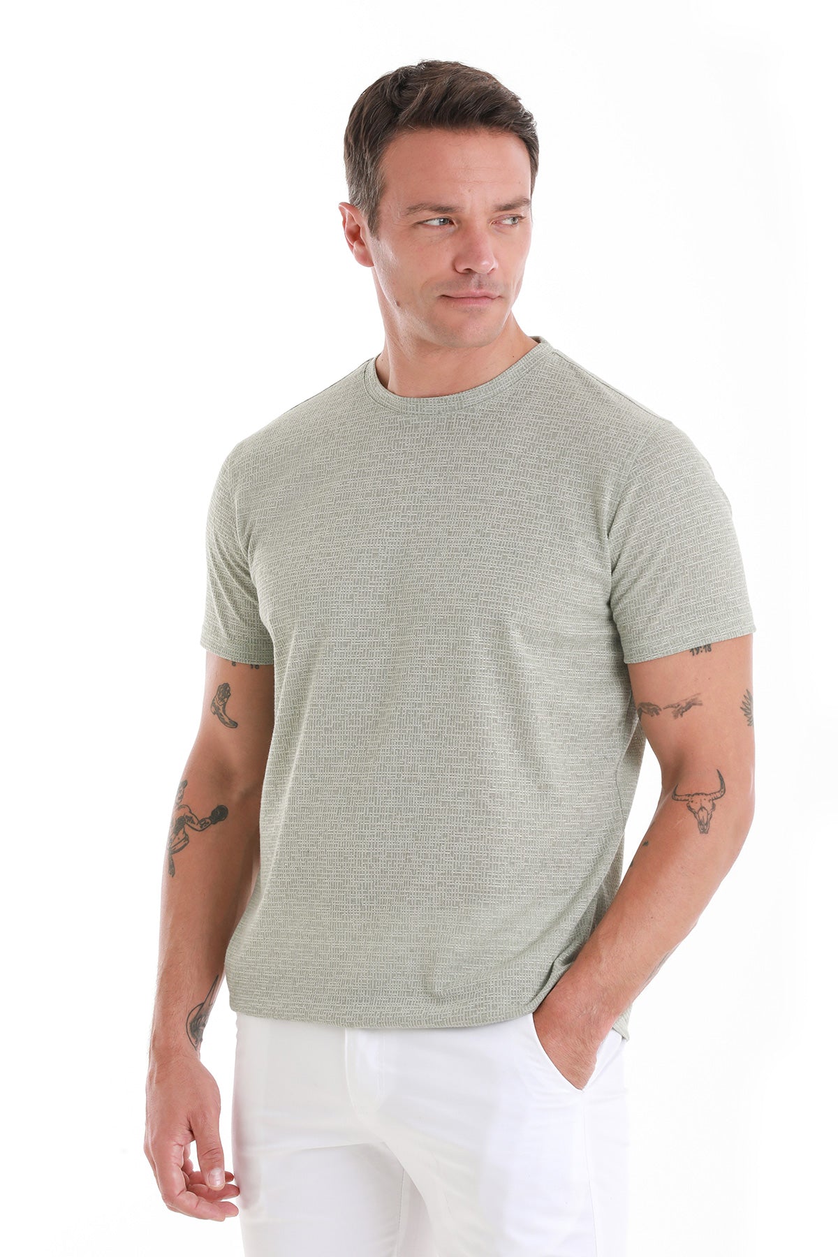 Regular Fit Green Jacquard Cotton-Linen Blend Crewneck
