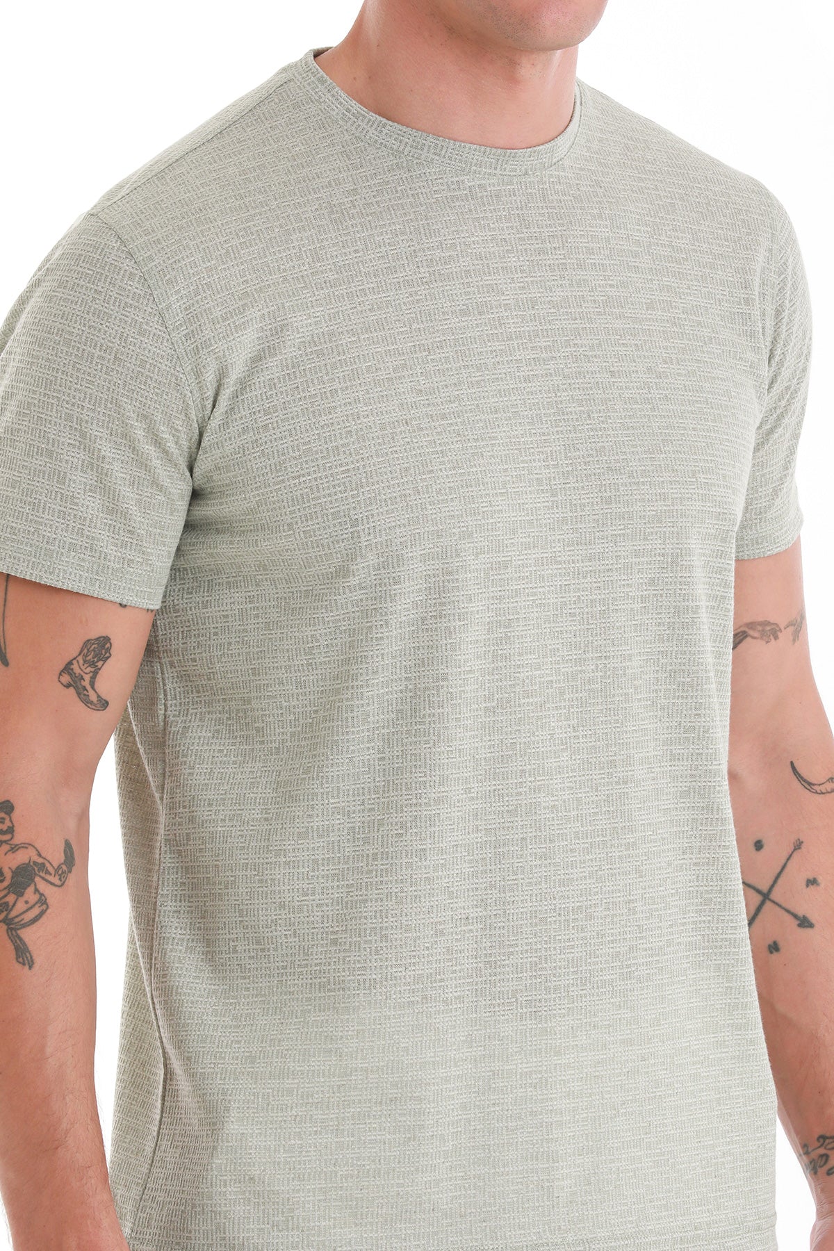 Regular Fit Green Jacquard Cotton-Linen Blend Crewneck