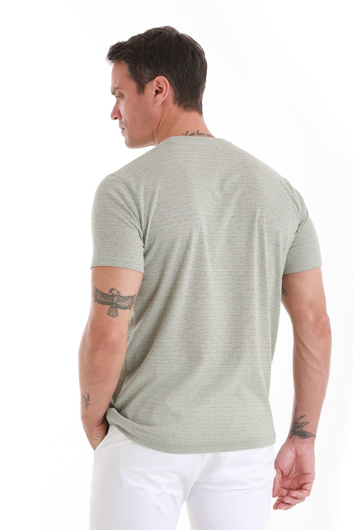 Regular Fit Green Jacquard Cotton-Linen Blend Crewneck