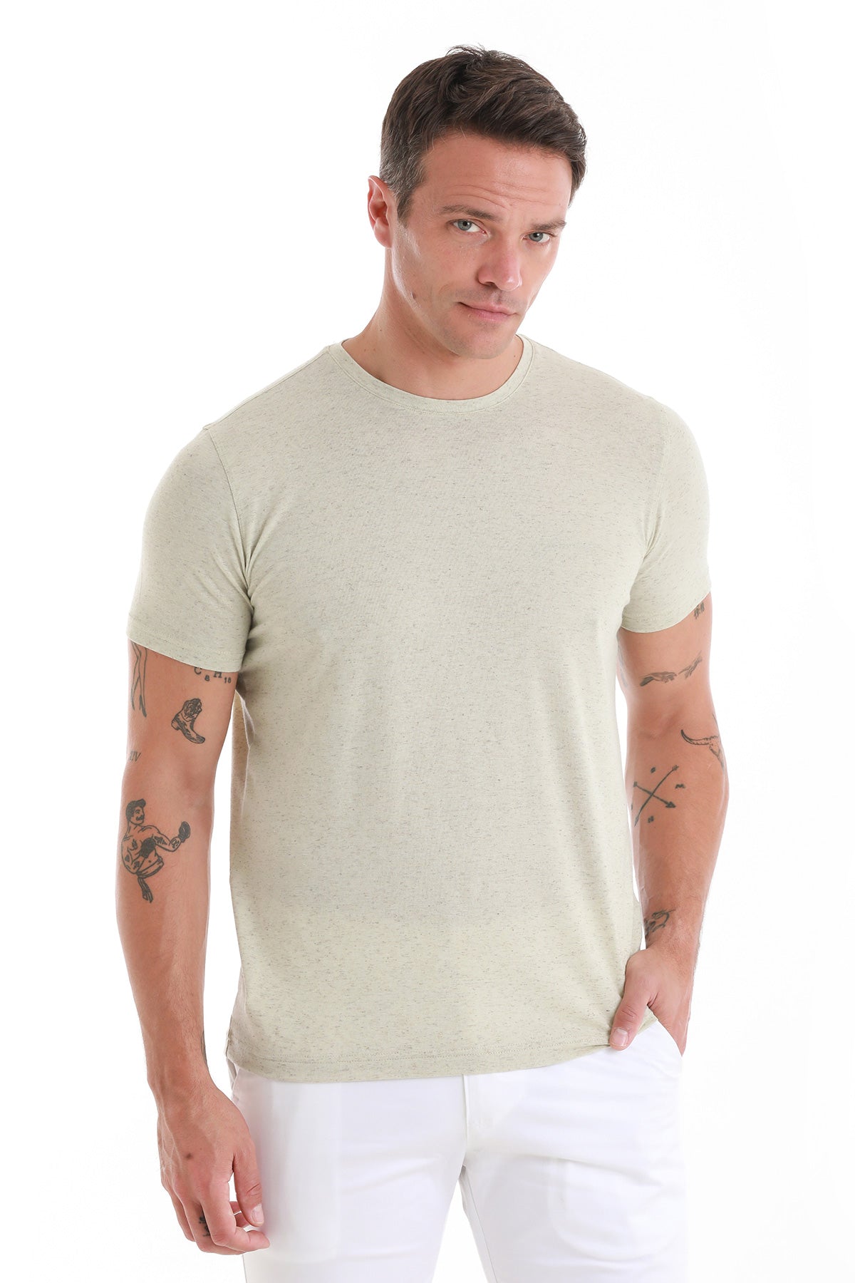 A slim-fit, light green heathered cotton t-shirt with a classic crew neck.
