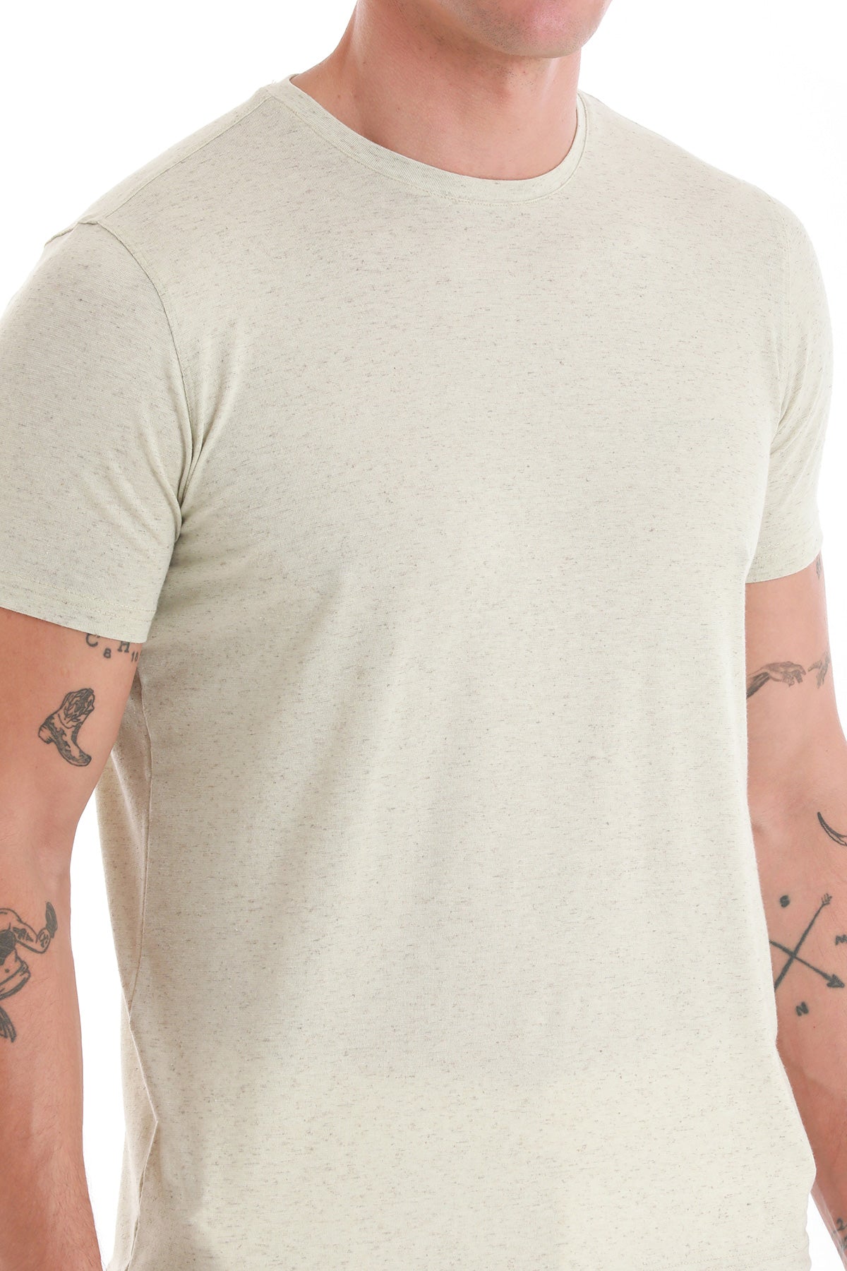 A soft, heathered off-white cotton t-shirt with a classic crew neck and short sleeves.