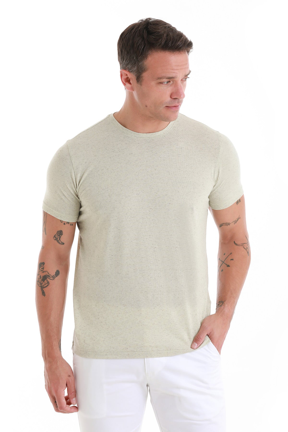 A slim-fit, light green cotton t-shirt with a classic crew neck.