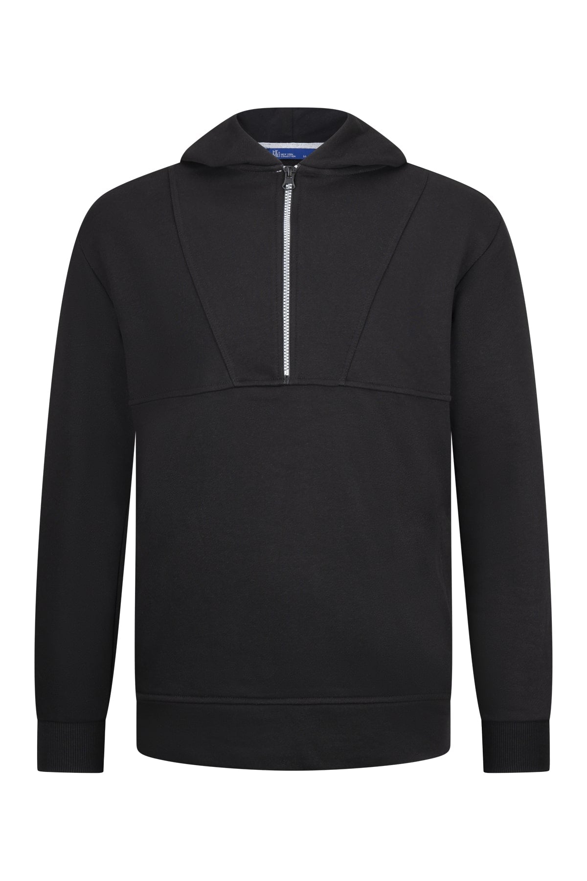 Black national geographic half-zip hoodie with a silver zipper and ribbed cuffs.
