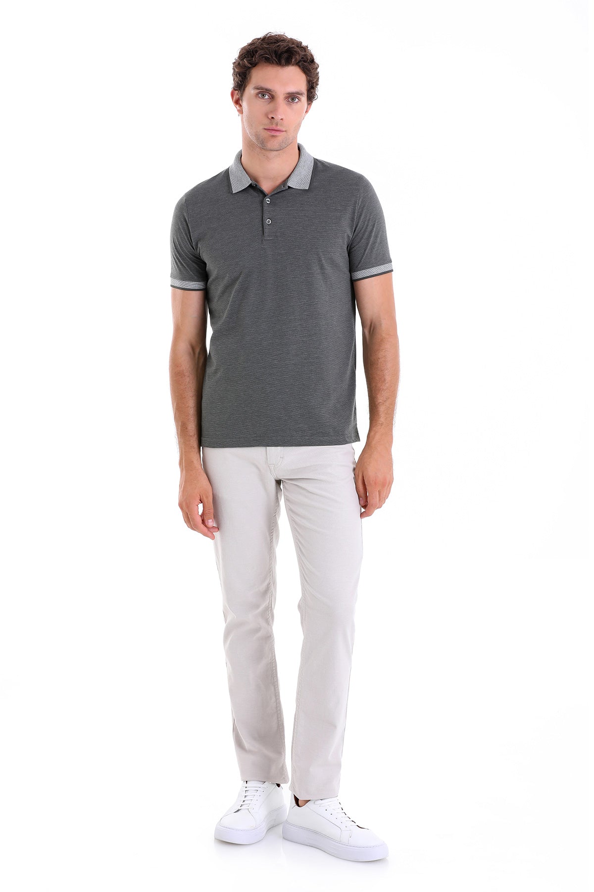 Regular Fit Heathered Cotton Blend Khaki Polo T-Shirt