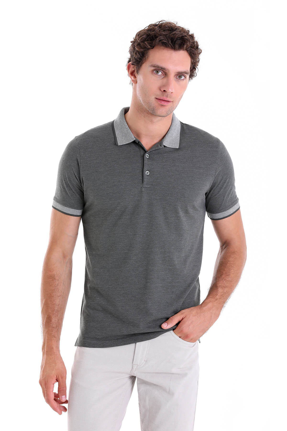 Dark gray textured polo shirt with contrasting light gray collar and sleeve cuffs.