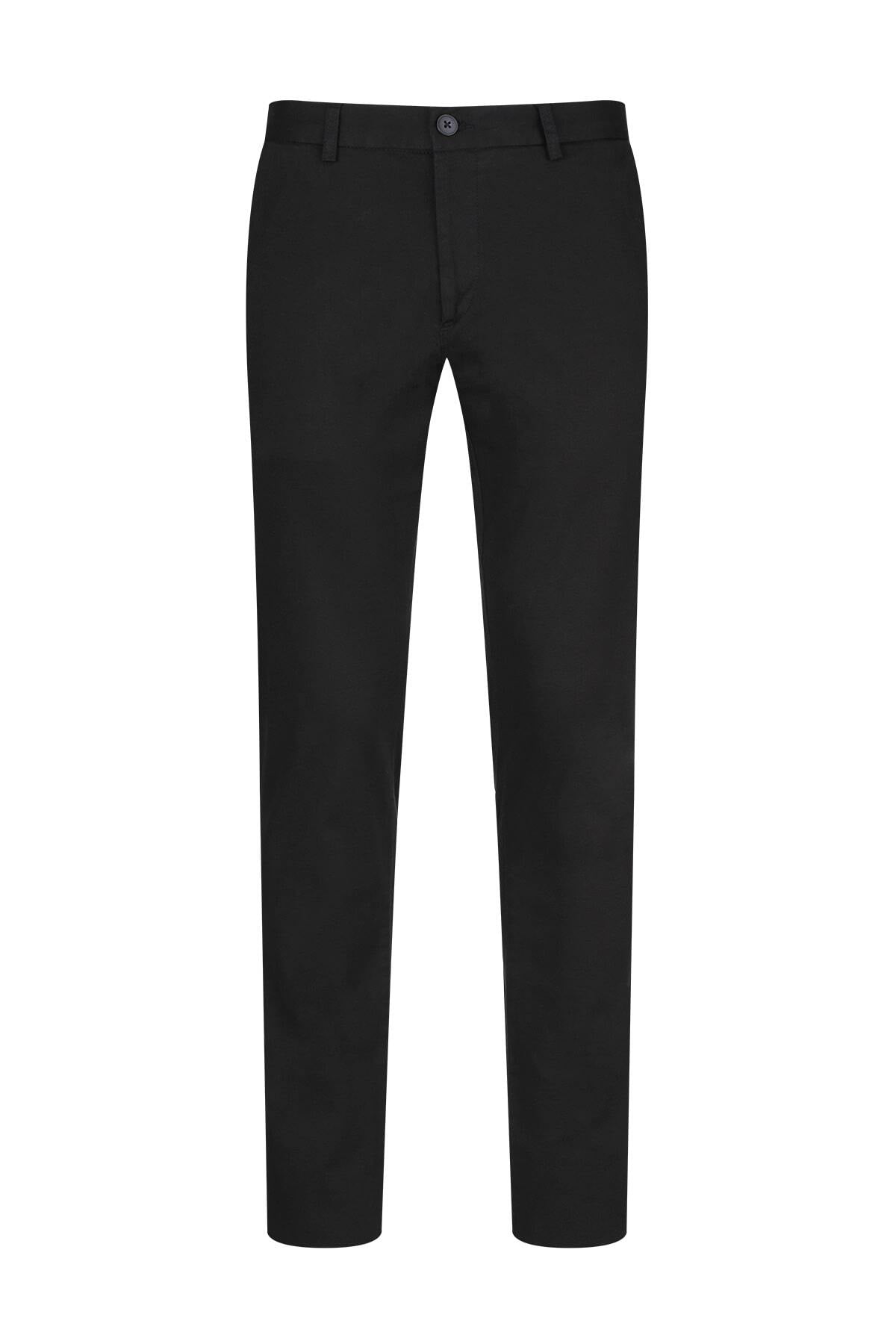 Black men’s formal trousers with a sleek, straight-leg cut and a subtle button closure at the waistband.