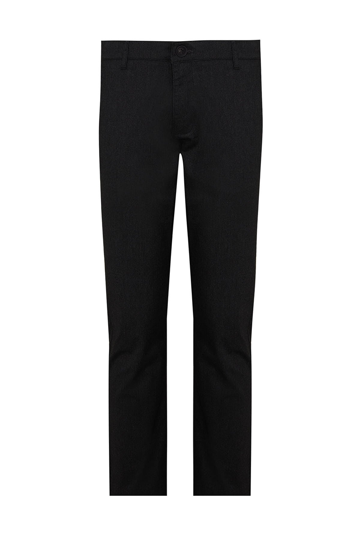 Black men’s tailored trousers with a sleek, straight-leg cut and classic button closure.