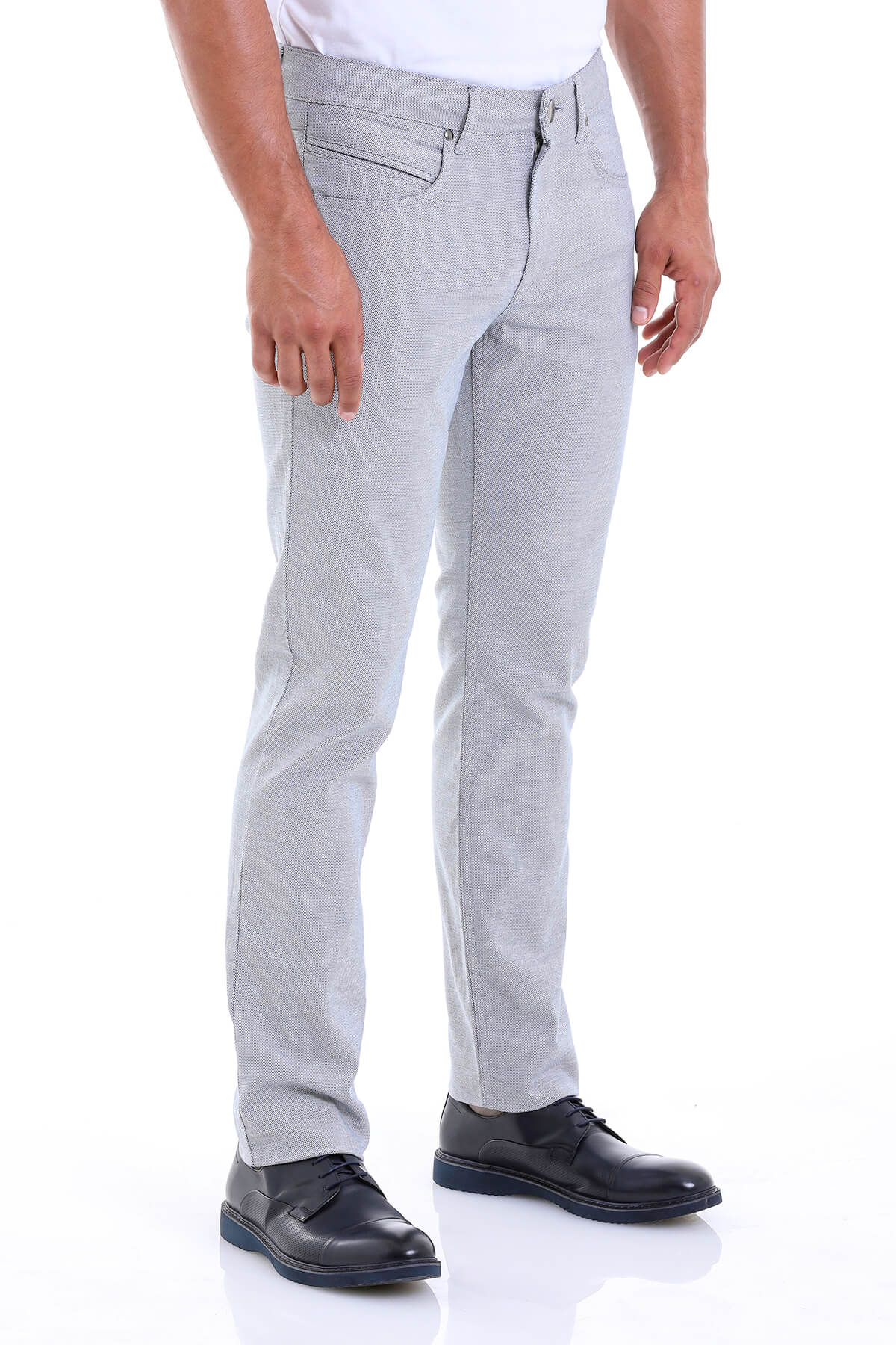 Light gray slim-fit denim jeans with a subtle textured weave and classic five-pocket design.